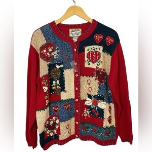 Vintage NWT Heirloom Collectibles Patchwork Heart Embroidered Cardigan Sweater M